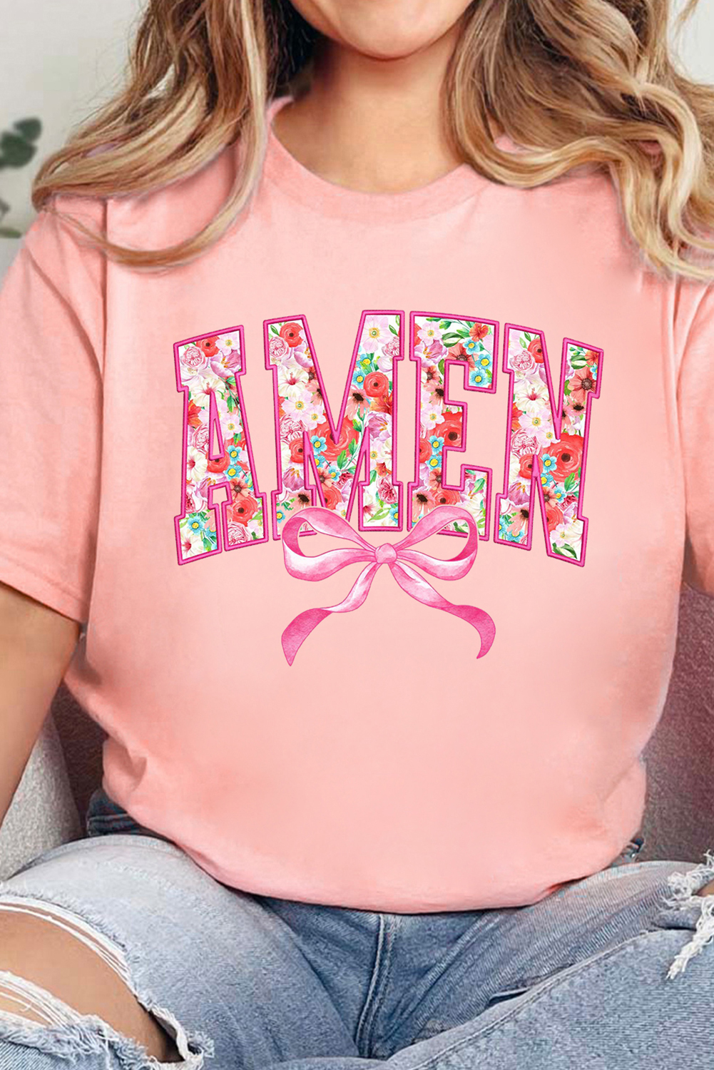 Women's T-Shirt, Pink Floral, AMEN Graphic, Bow Detail, Crew Neck, Short Sleeve, Casual Style, Summer Fashion, Breathable Fabric, Relaxed Fit, Versatile Wardrobe, Daily Wear, Graphic Tees - Detail View 4 Women's T-Shirt, Pink Floral, AMEN Graphic, Bow Detail, Crew Neck, Short Sleeve, Casual Style, Summer Fashion, Breathable Fabric, Relaxed Fit, Versatile Wardrobe, Daily Wear, Graphic Tees - Detail View 4