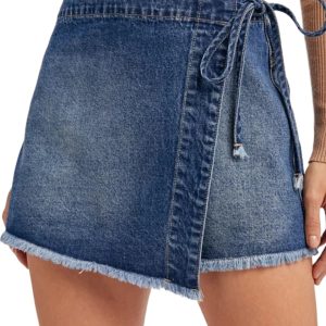 Women's High Waist Denim Skort – Ashleigh Blue Wrapped Tied Waist Shift Skirt Shorts for Summer - Main View