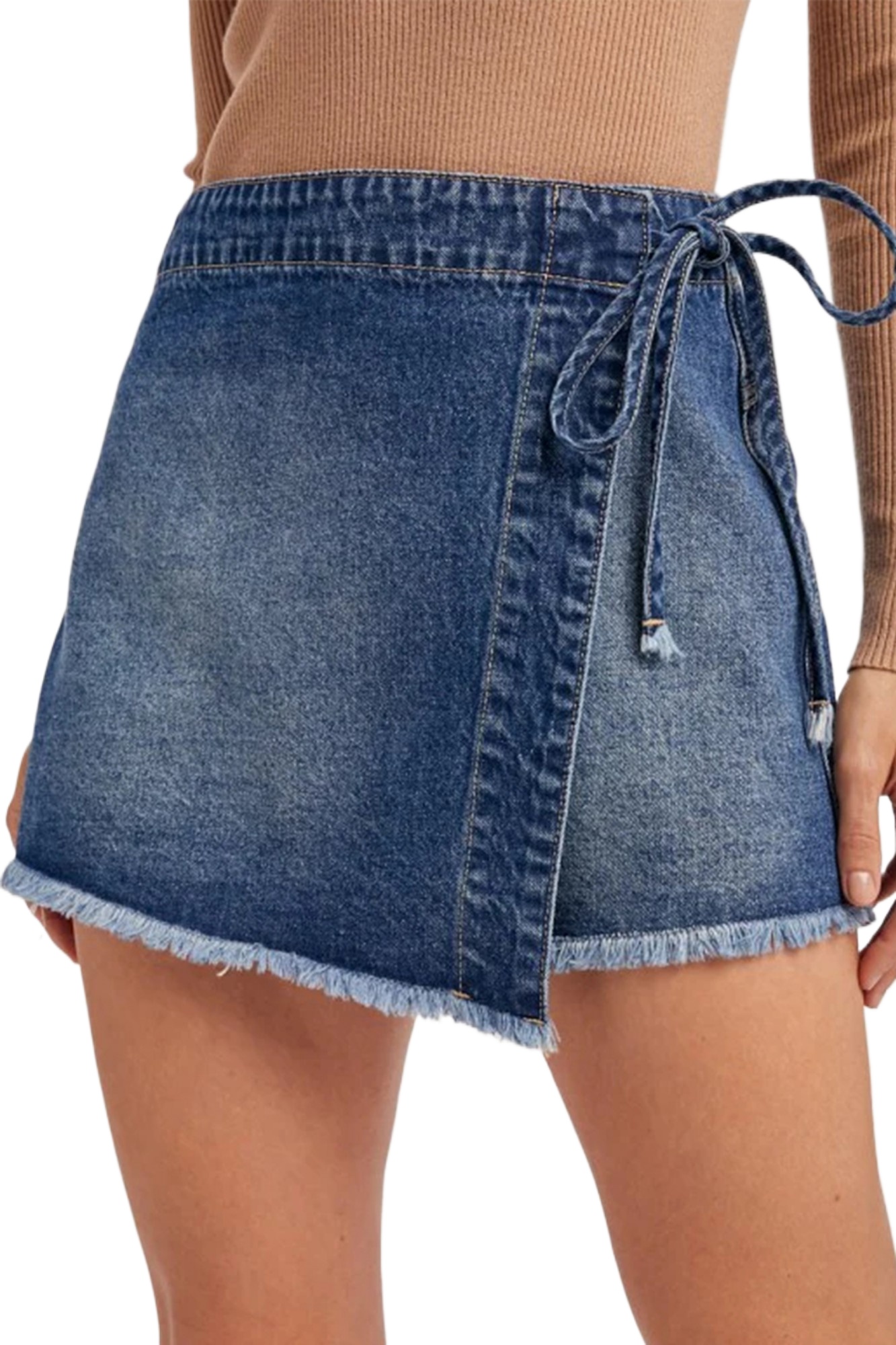 Women's High Waist Denim Skort – Ashleigh Blue Wrapped Tied Waist Shift Skirt Shorts for Summer - Main View Women's High Waist Denim Skort – Ashleigh Blue Wrapped Tied Waist Shift Skirt Shorts for Summer - Main View