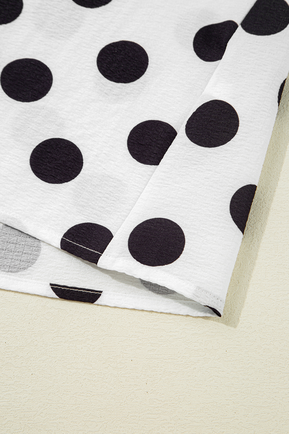 Flowy Women's V Neck Blouse - White Polka Dot Design with Playful Ruffled Sleeves - Detail View 11 Flowy Women's V Neck Blouse - White Polka Dot Design with Playful Ruffled Sleeves - Detail View 11