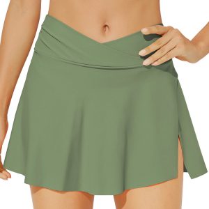 Women's Green Criss Cross Waist Flared Swim Skirt – Stylish Beachwear for Summer Fun - Main View