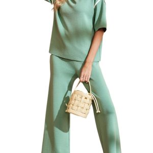 Women's Canton Contrast Trim Half Sleeve Top & Drawstring Pants Loose 2pcs Sweater Suit - Main View