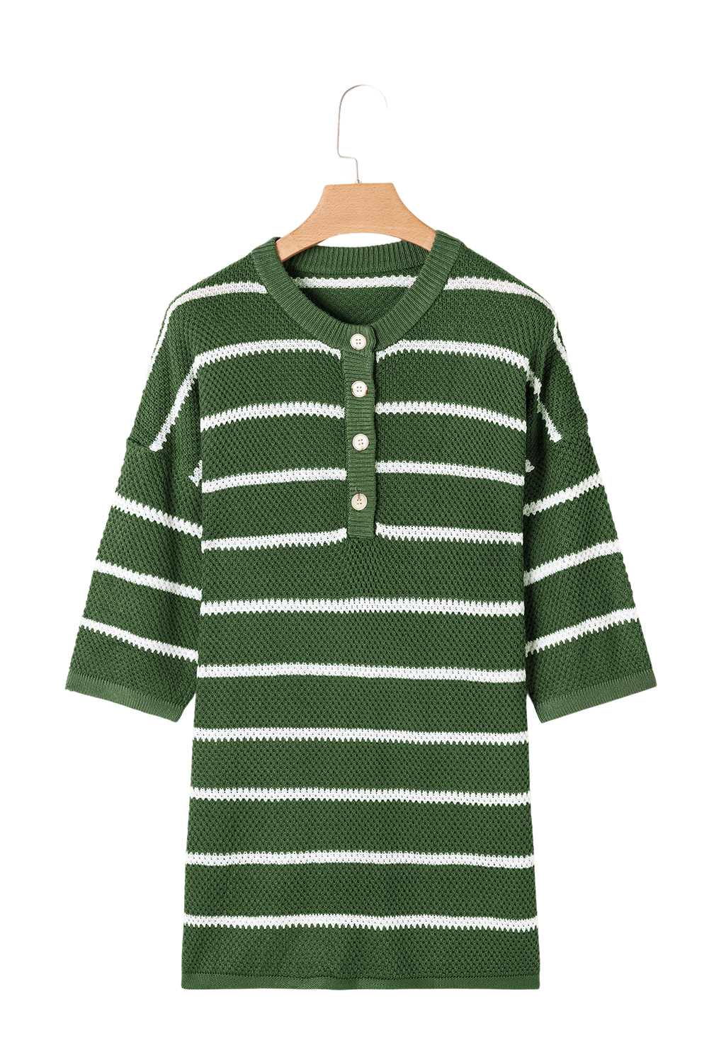 Women's Green Stripe Knit Sweater Tee with Buttoned Placket and Drop Shoulder - Detail View 17 Women's Green Stripe Knit Sweater Tee with Buttoned Placket and Drop Shoulder - Detail View 17
