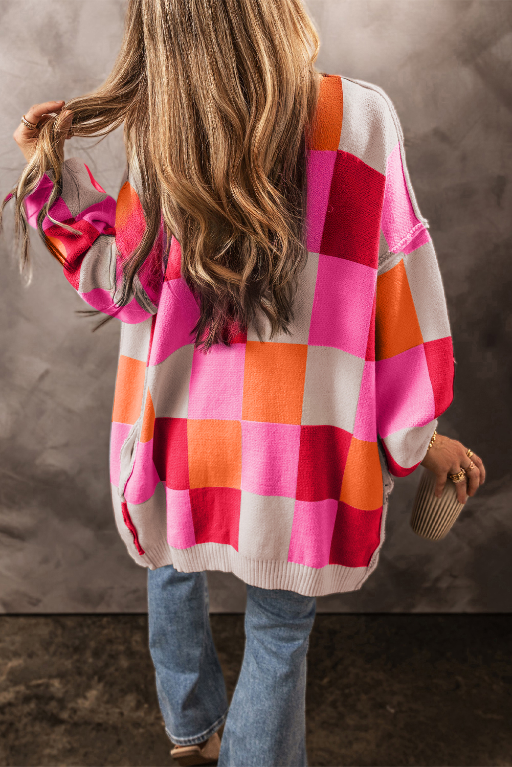 Colorblock Checkered Cardigan, Casual Winter Knit Outerwear - Detail View 2 Colorblock Checkered Cardigan, Casual Winter Knit Outerwear - Detail View 2