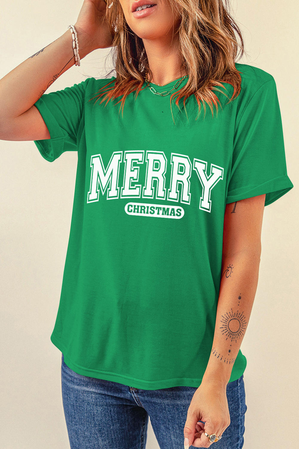 Casual Short Sleeve Round Neck Tee - Bright Green with Christmas Slogan - Detail View 6 Casual Short Sleeve Round Neck Tee - Bright Green with Christmas Slogan - Detail View 6