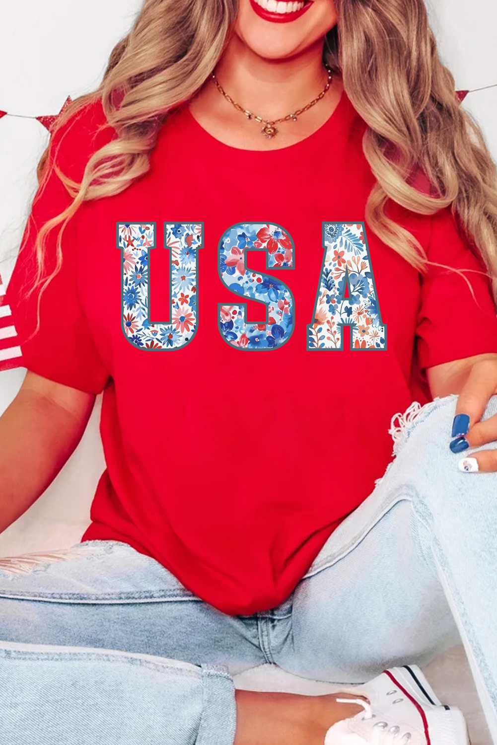 Women's Graphic Tee, Red Floral, USA Pattern, Cuffed Sleeves, Crew Neck, Casual Style, Summer Wear, Trendy, Daily Wear, Comfortable, Easy to Style, Shift Silhouette, Tops, Graphic Tees - Detail View 4 Women's Graphic Tee, Red Floral, USA Pattern, Cuffed Sleeves, Crew Neck, Casual Style, Summer Wear, Trendy, Daily Wear, Comfortable, Easy to Style, Shift Silhouette, Tops, Graphic Tees - Detail View 4