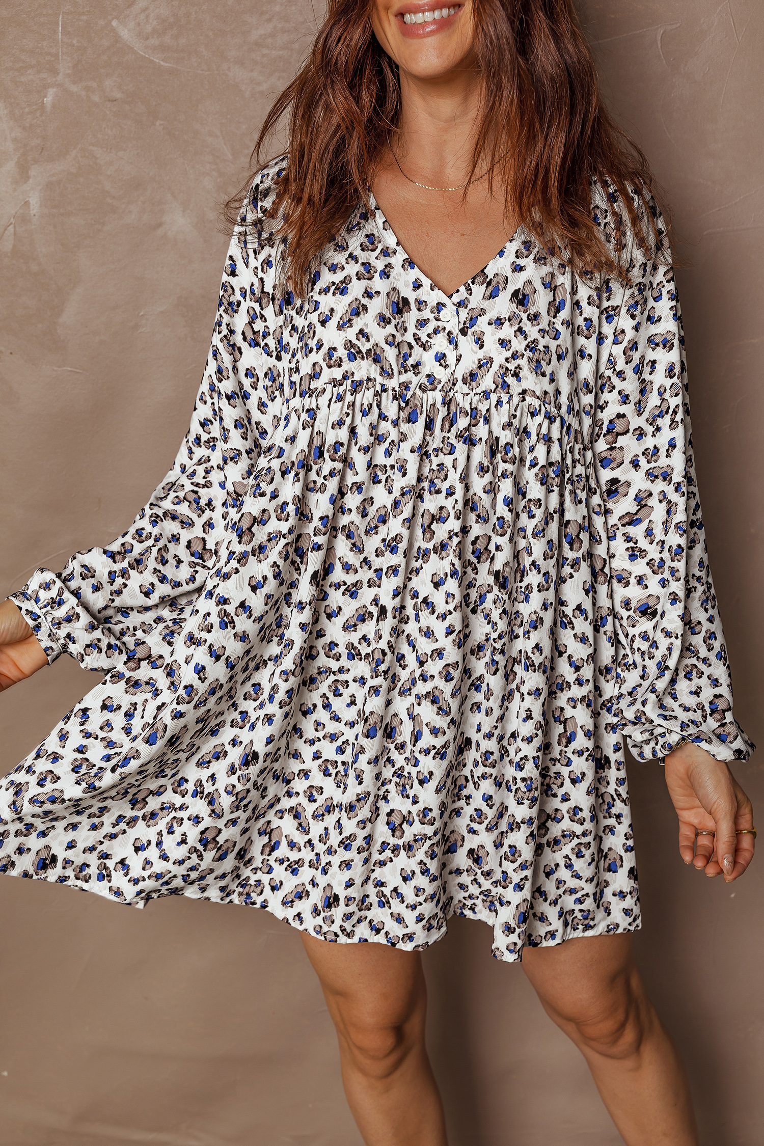 Women's Multicolour Leopard Print V Neck Mini Dress – Long Sleeve Casual Chic for Spring - Detail View 7 Women's Multicolour Leopard Print V Neck Mini Dress – Long Sleeve Casual Chic for Spring - Detail View 7