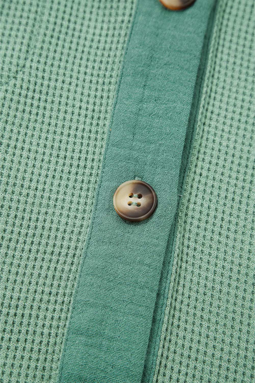 Women's Grass Green Waffle Knit Vintage Patchwork Button Up Loose Shirt - Detail View 9 Women's Grass Green Waffle Knit Vintage Patchwork Button Up Loose Shirt - Detail View 9