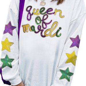Women's White Sequin 'Queen of Party' Graphic Pullover Sweatshirt with Star Sleeves - Main View