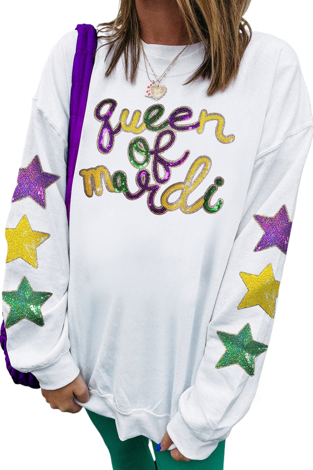 Women's White Sequin 'Queen of Party' Graphic Pullover Sweatshirt with Star Sleeves - Main View Women's White Sequin 'Queen of Party' Graphic Pullover Sweatshirt with Star Sleeves - Main View