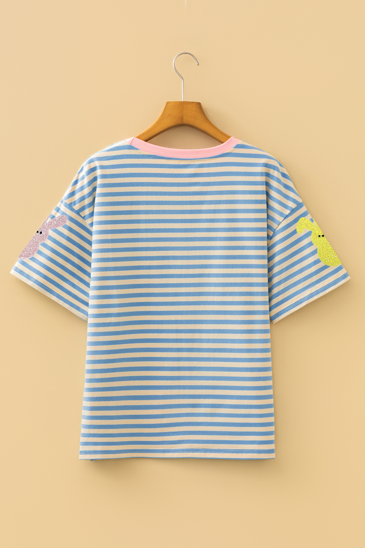Women's Sky Blue Stripe Sequin Bunny Drop Shoulder Tee – Perfect for Easter Celebrations - Detail View 5 Women's Sky Blue Stripe Sequin Bunny Drop Shoulder Tee – Perfect for Easter Celebrations - Detail View 5