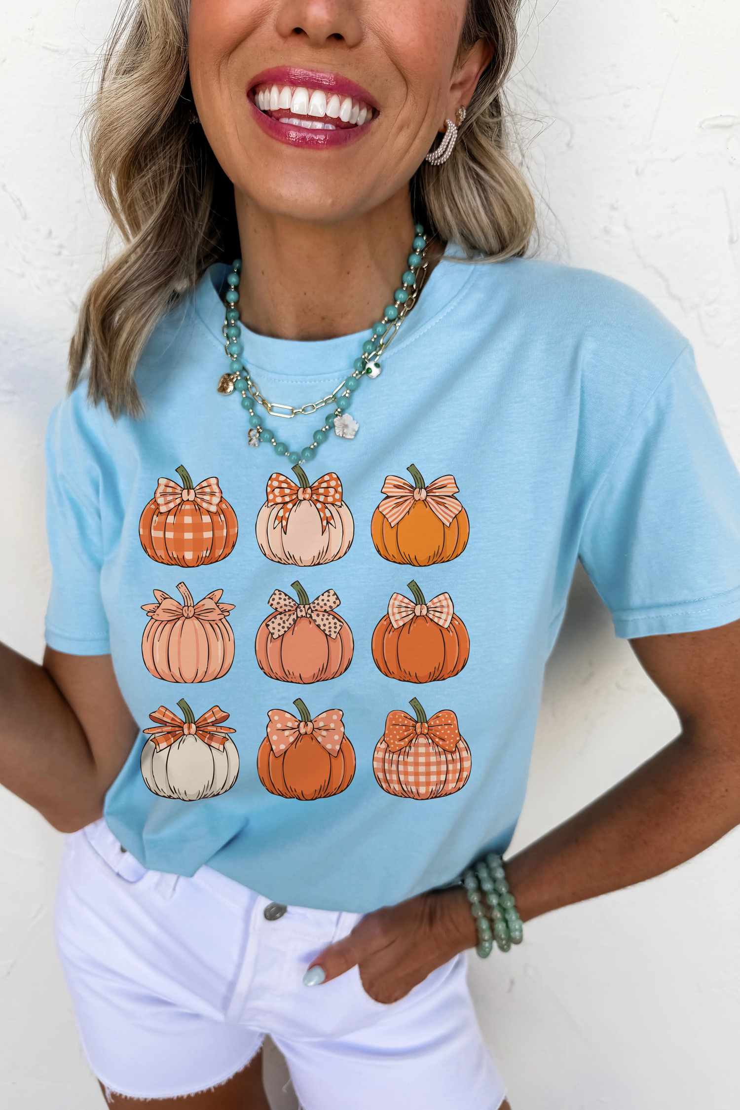 Women's Pumpkin Graphic T Shirt, Light Blue Casual Top - Detail View 7 Women's Pumpkin Graphic T Shirt, Light Blue Casual Top - Detail View 7