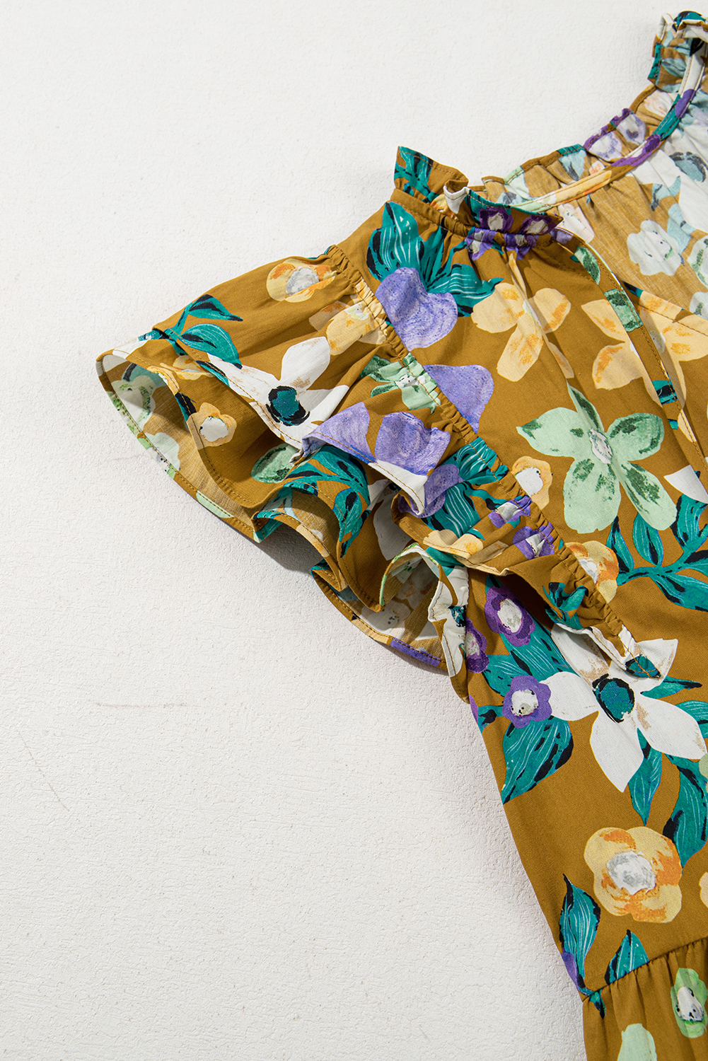 Women's Yellow Floral Print V Neck Top with Tiered Flutter Sleeves - Detail View 13 Women's Yellow Floral Print V Neck Top with Tiered Flutter Sleeves - Detail View 13
