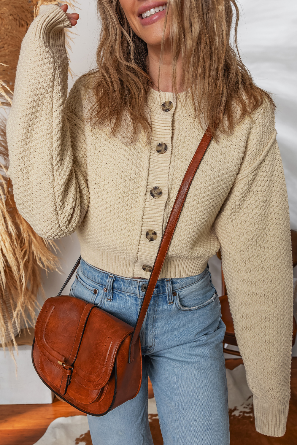 Cozy Beige Cropped Cardigan for Women – Button-Up Long Sleeve Sweater in Solid Color for Fall Outings - Detail View 5 Cozy Beige Cropped Cardigan for Women – Button-Up Long Sleeve Sweater in Solid Color for Fall Outings - Detail View 5