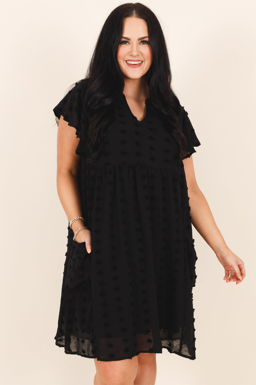 Elegant Black Plus Size Dress with Notched V Neck and Playful Ruffles for Special Occasions - Detail View 7 Elegant Black Plus Size Dress with Notched V Neck and Playful Ruffles for Special Occasions - Detail View 7
