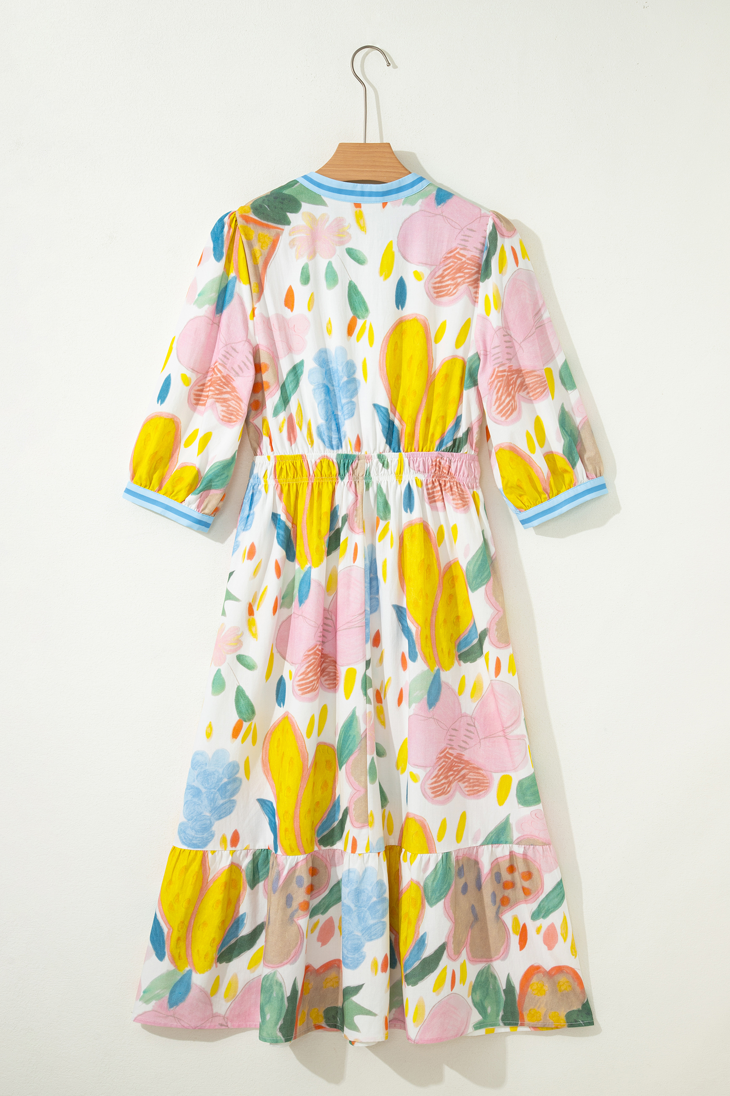 Chic Floral Doodle Print V Neck Dress for Women – Half Sleeve High Waist Cotton Blend Midi Dress with Side Pockets - Detail View 6 Chic Floral Doodle Print V Neck Dress for Women – Half Sleeve High Waist Cotton Blend Midi Dress with Side Pockets - Detail View 6