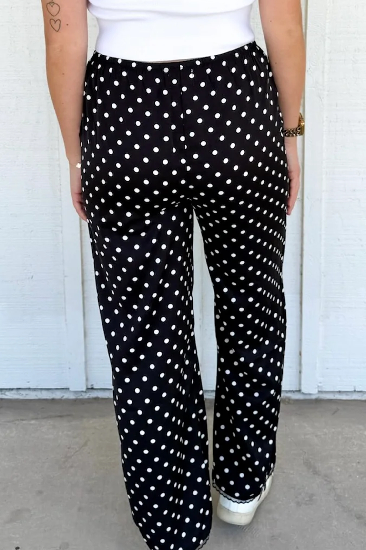 Elastic Waist Polka Dot Pants for Women – Comfortable Shift Silhouette Trousers with Delicate Lace Hem Detail - Detail View 2 Elastic Waist Polka Dot Pants for Women – Comfortable Shift Silhouette Trousers with Delicate Lace Hem Detail - Detail View 2