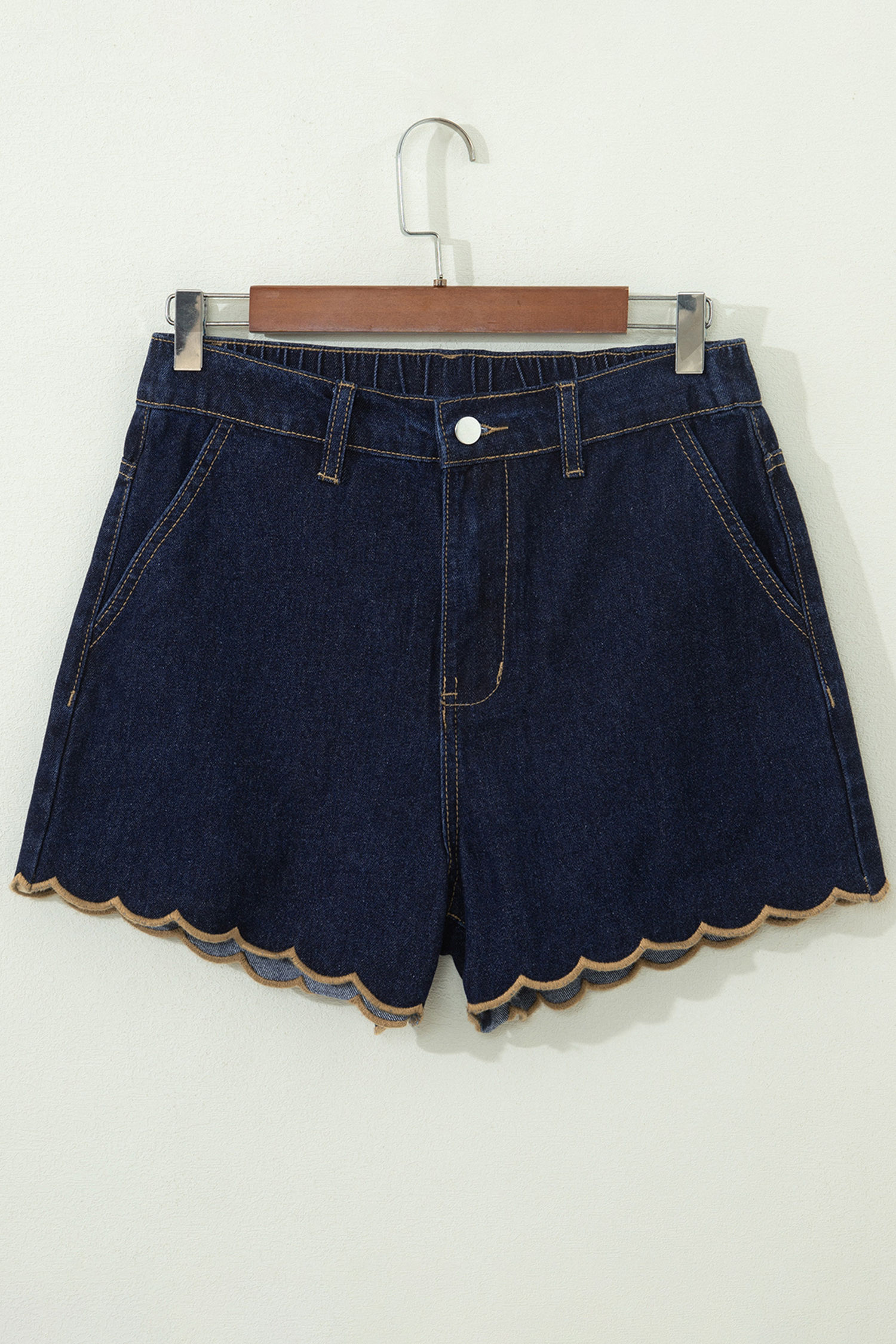 Southern Belle Denim Shorts – Embroidered Scalloped Trim, Casual Navy Blue Shift Style - Detail View 5 Southern Belle Denim Shorts – Embroidered Scalloped Trim, Casual Navy Blue Shift Style - Detail View 5