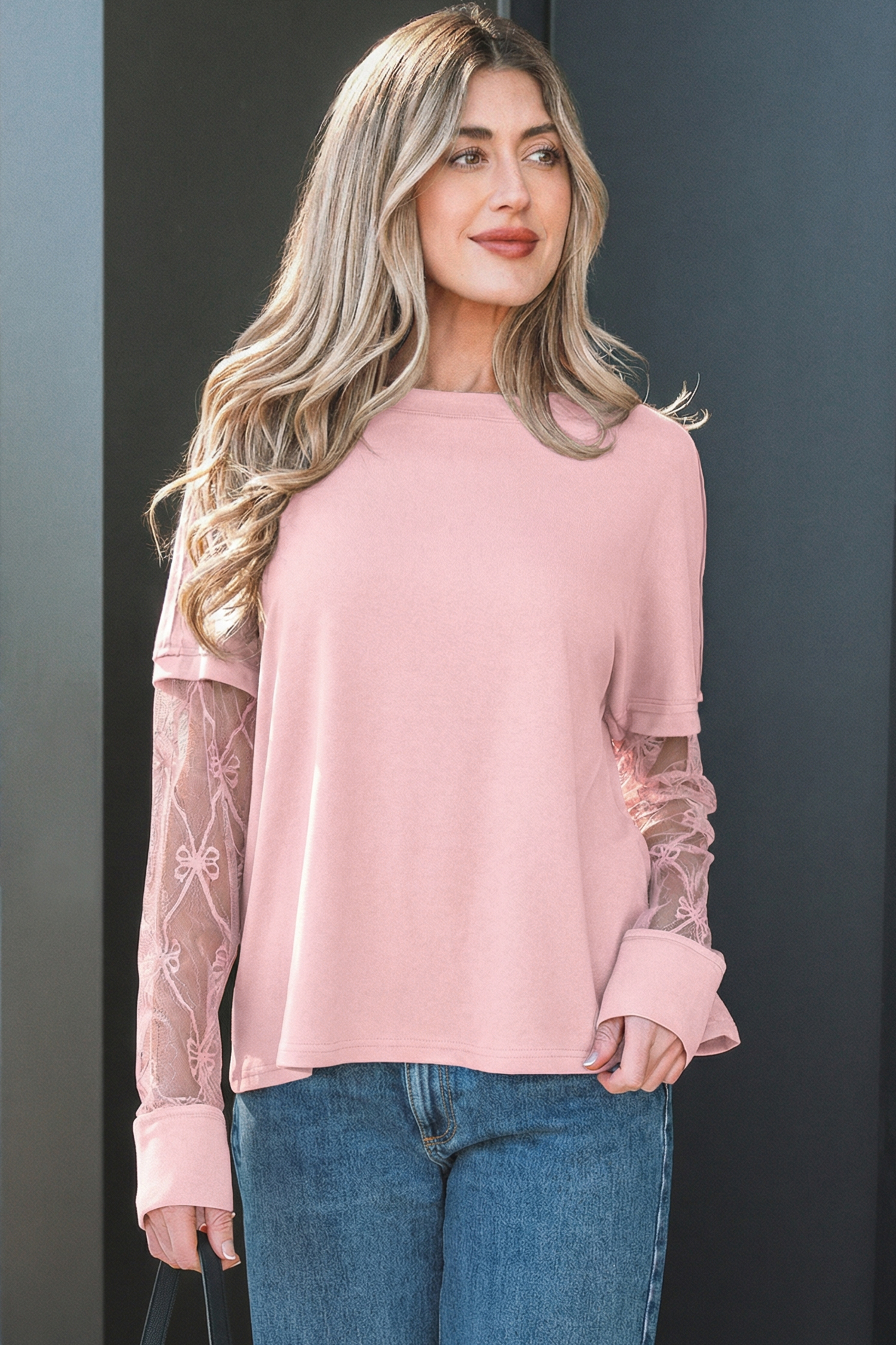 Chic Light Pink Solid Color Long Sleeve Tee with Bow Detail – Perfect for Casual Outings - Detail View 5 Chic Light Pink Solid Color Long Sleeve Tee with Bow Detail – Perfect for Casual Outings - Detail View 5