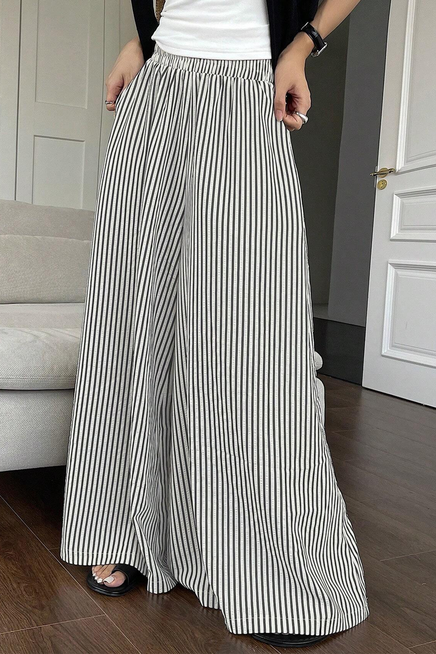 Chic Striped High Waist Wide Leg Pants – Women's Casual Shift Trousers, Stylish Gift for Her - Detail View 6 Chic Striped High Waist Wide Leg Pants – Women's Casual Shift Trousers, Stylish Gift for Her - Detail View 6