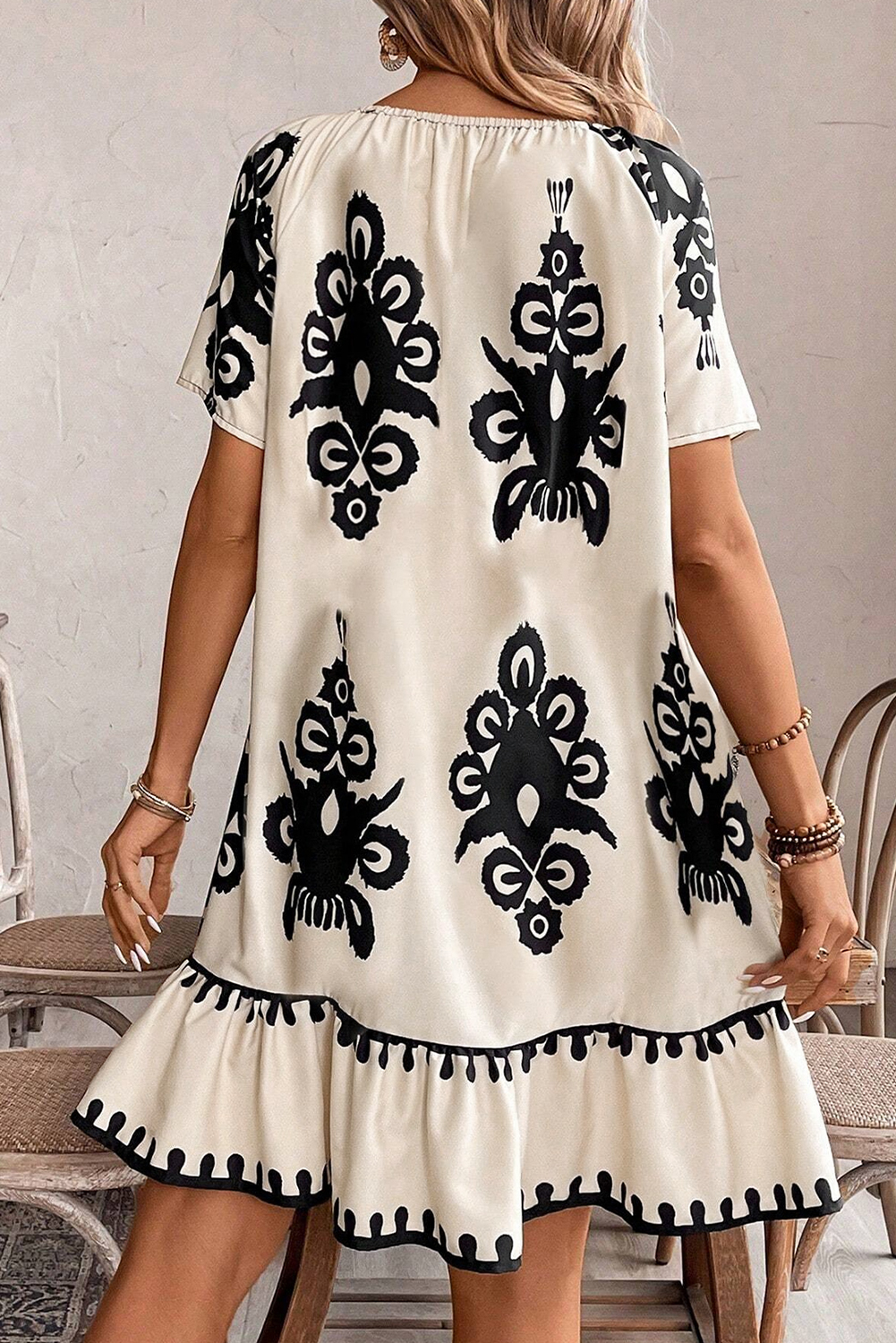 Stylish Bohemian Shift Dress with Elastic Round Neckline and Ruffled Hem - Detail View 2 Stylish Bohemian Shift Dress with Elastic Round Neckline and Ruffled Hem - Detail View 2