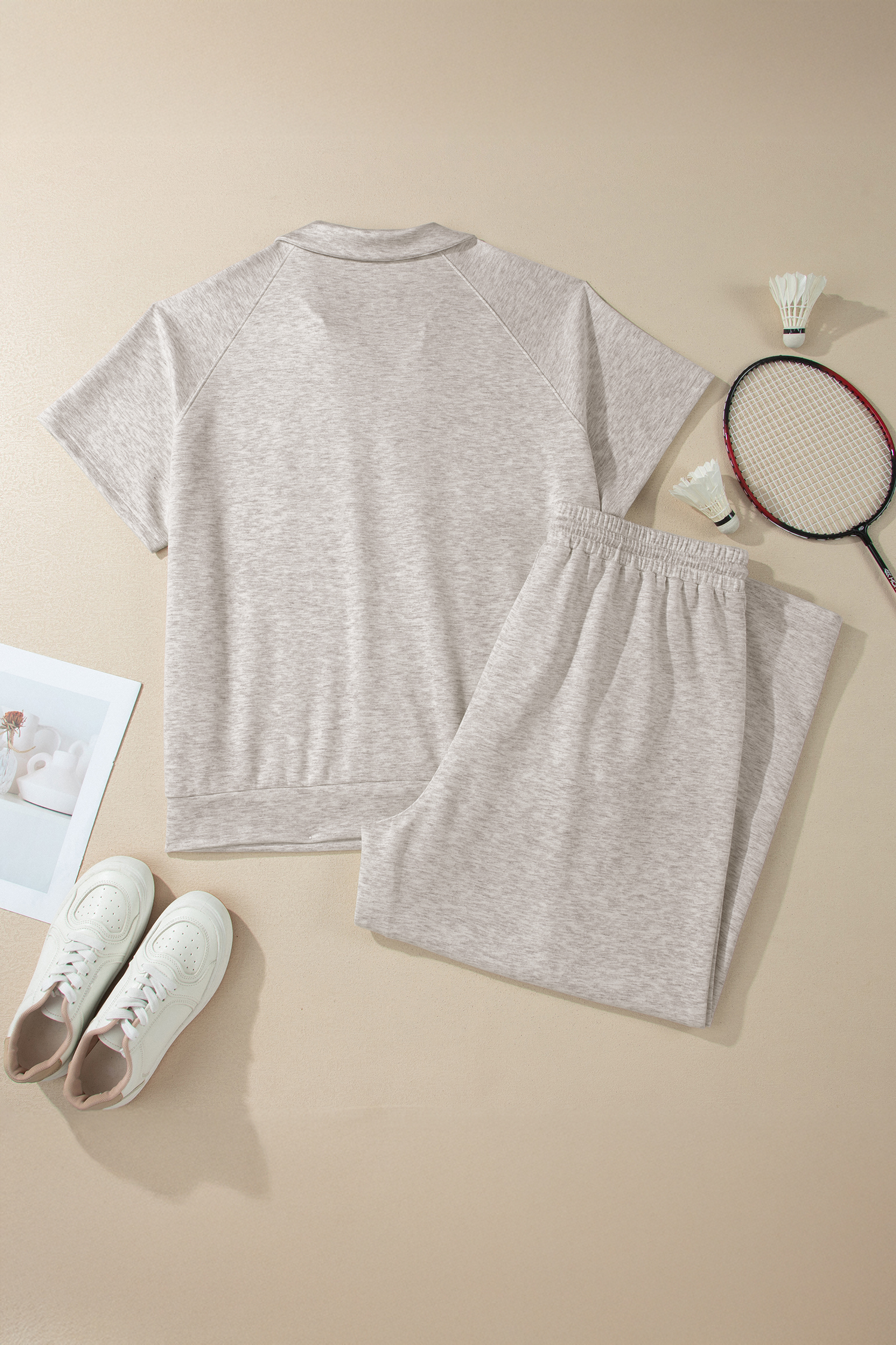 Relaxed Fit Women's Plus Size 2 Piece Outfit – Light Grey V-Neck Tee & Loose Pants Set, Ideal Gift - Detail View 3 Relaxed Fit Women's Plus Size 2 Piece Outfit – Light Grey V-Neck Tee & Loose Pants Set, Ideal Gift - Detail View 3