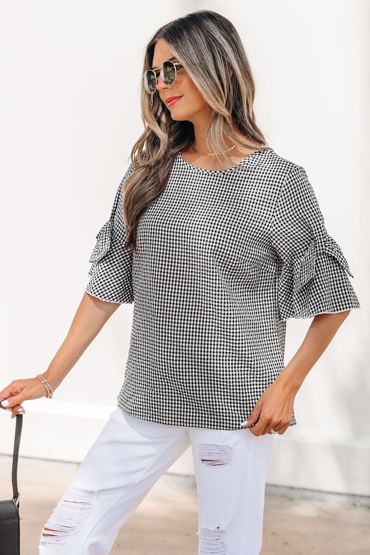 Women's Black Plaid Ruffled Blouse – Casual Half Sleeve Round Neck Top, Stylish Gift for Her - Detail View 3 Women's Black Plaid Ruffled Blouse – Casual Half Sleeve Round Neck Top, Stylish Gift for Her - Detail View 3