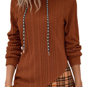 Women's Chestnut Plaid Patchwork Hooded Top – Ribbed Knit Long Sleeve Casual Layer for Daily Wear - Main View
