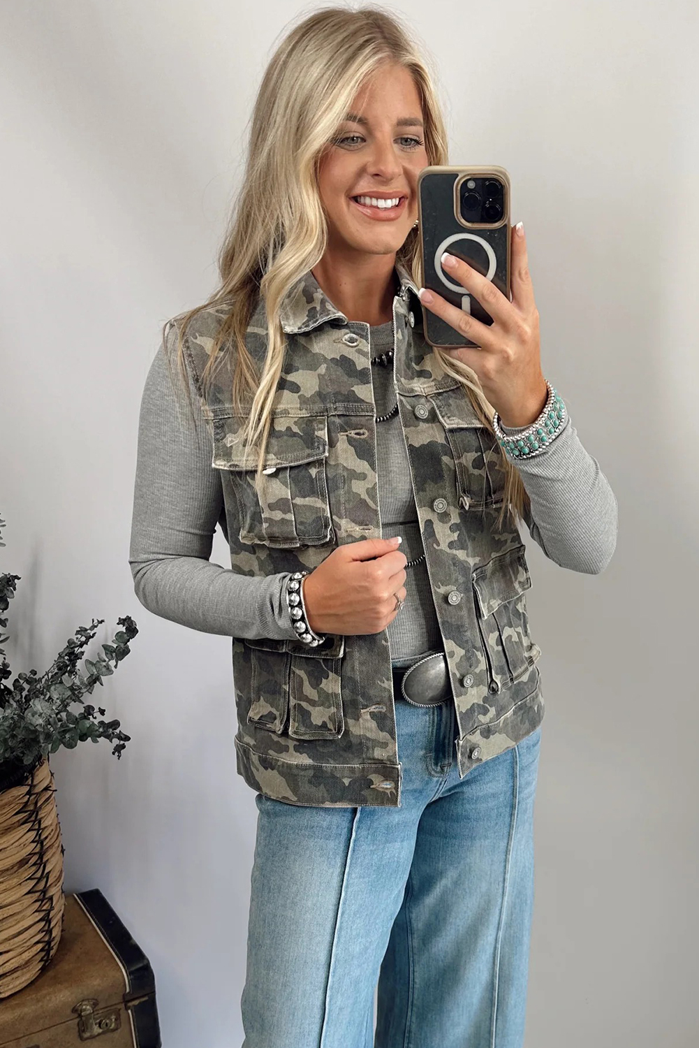 Women's Camouflage Print Denim Vest in Green – Cargo Pockets for Everyday Western Adventures - Detail View 8 Women's Camouflage Print Denim Vest in Green – Cargo Pockets for Everyday Western Adventures - Detail View 8
