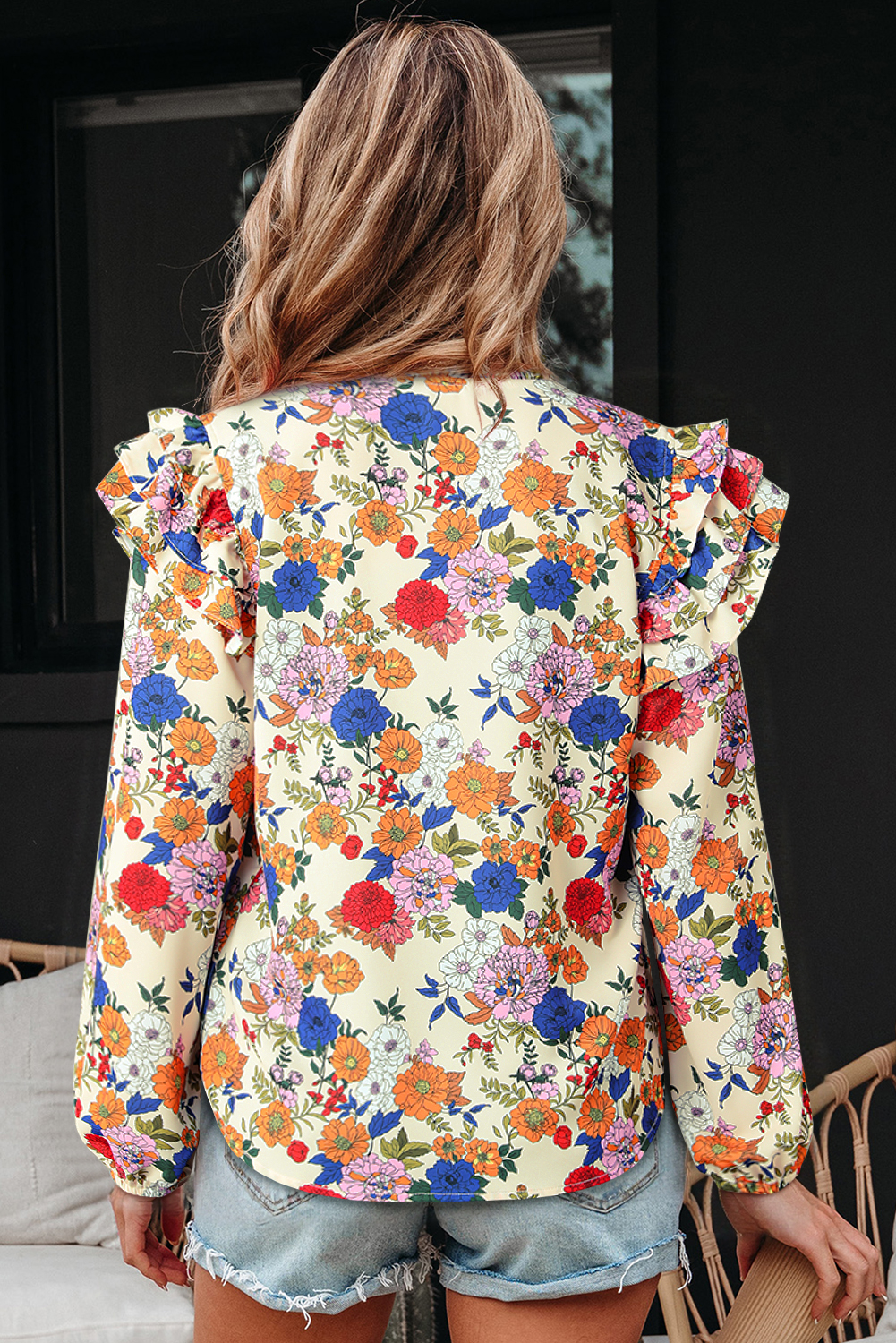 Chic Spring Floral Blouse in Apricot - Ruffle Details and Country Style - Detail View 2 Chic Spring Floral Blouse in Apricot - Ruffle Details and Country Style - Detail View 2