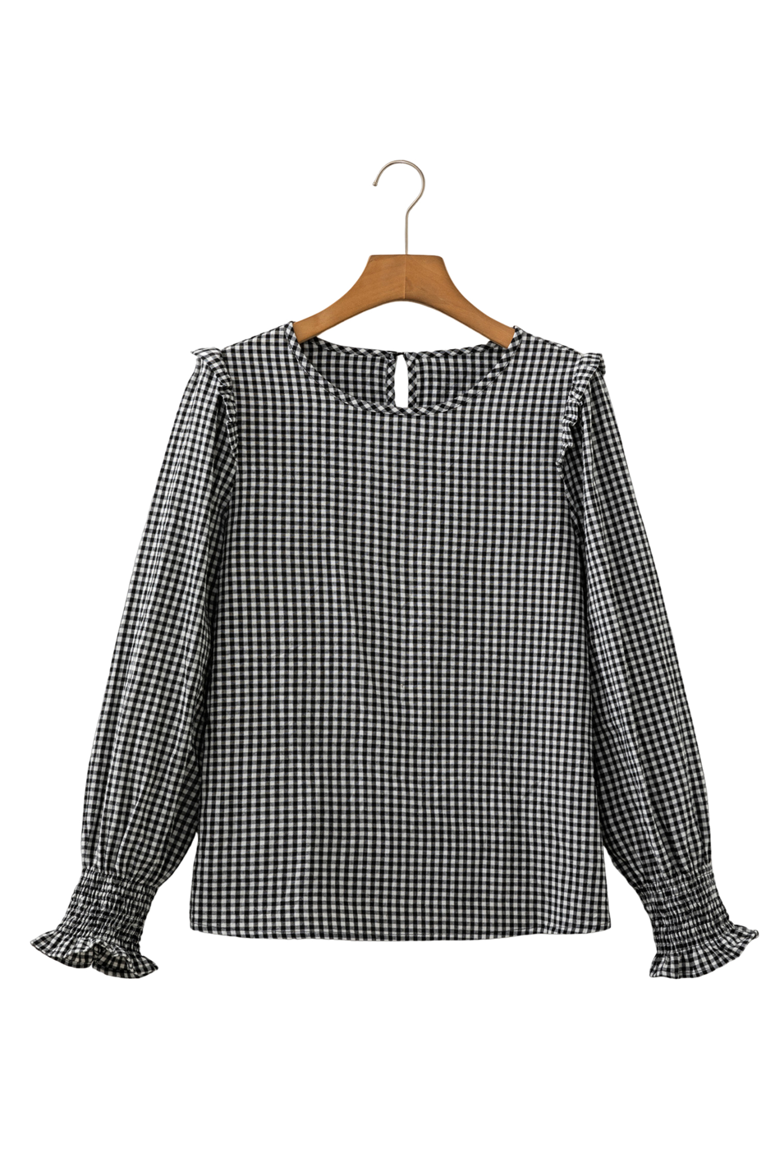 Plaid Women's Round Neck Blouse, Casual Shirred Top - Detail View 7 Plaid Women's Round Neck Blouse, Casual Shirred Top - Detail View 7