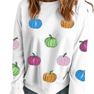 Women's White Colorful Pumpkin Sequin Patched Drop Shoulder Sweatshirt for Fall - Main View