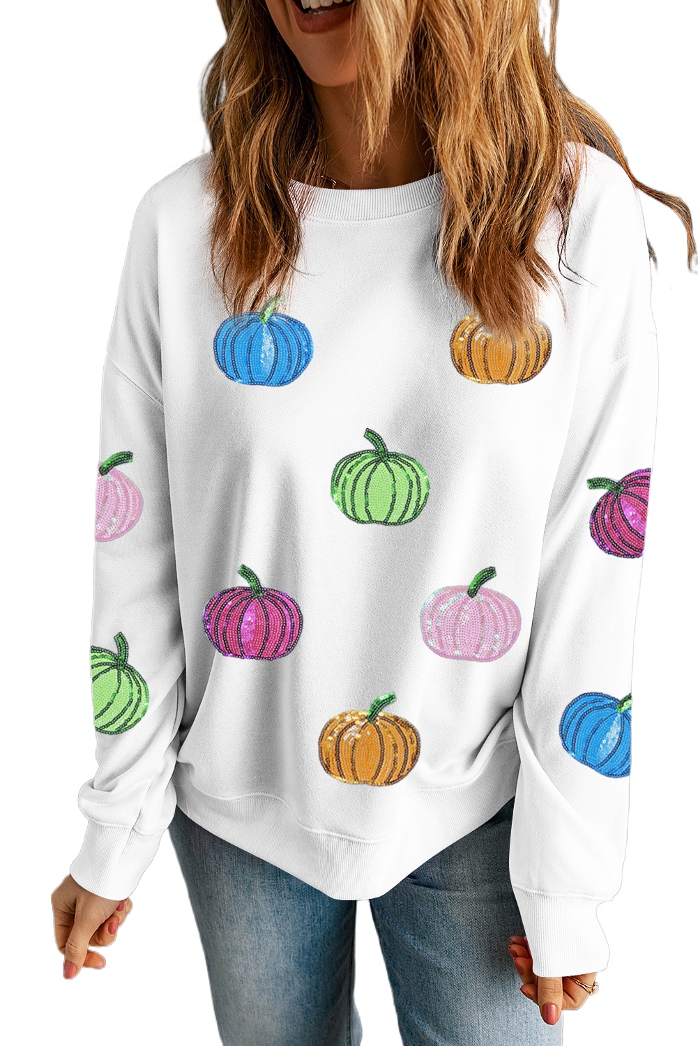 Women's White Colorful Pumpkin Sequin Patched Drop Shoulder Sweatshirt for Fall - Main View Women's White Colorful Pumpkin Sequin Patched Drop Shoulder Sweatshirt for Fall - Main View