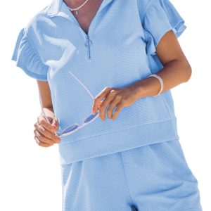 Women's Beau Blue Ribbed Texture Half Zip Ruffled Short Sleeve Top and Shorts Set - Main View