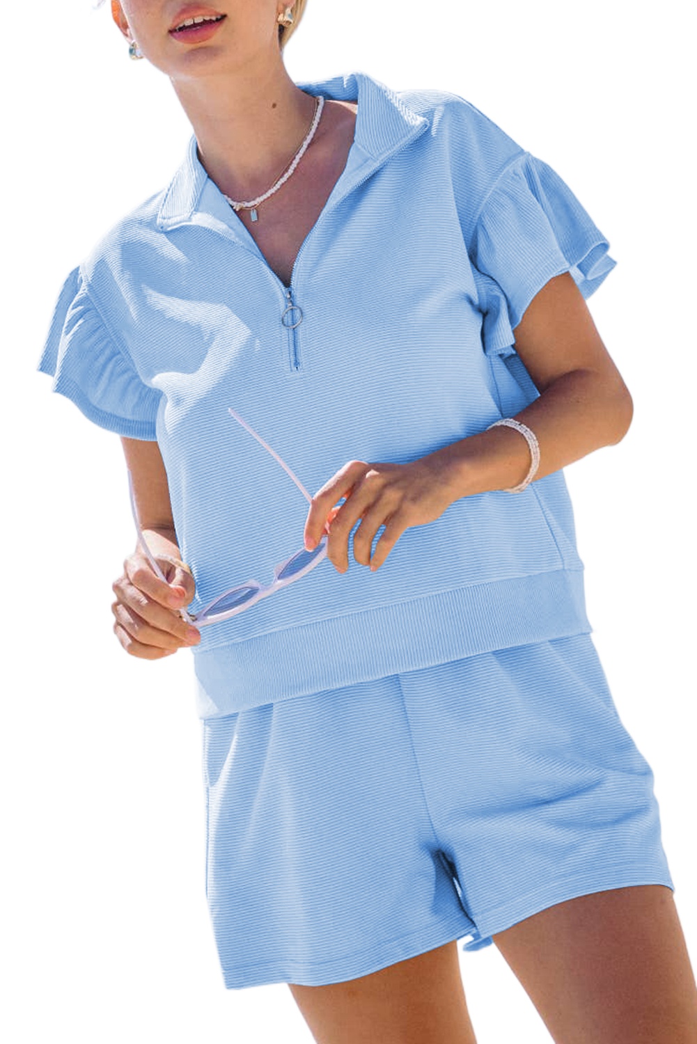Women's Beau Blue Ribbed Texture Half Zip Ruffled Short Sleeve Top and Shorts Set - Main View Women's Beau Blue Ribbed Texture Half Zip Ruffled Short Sleeve Top and Shorts Set - Main View