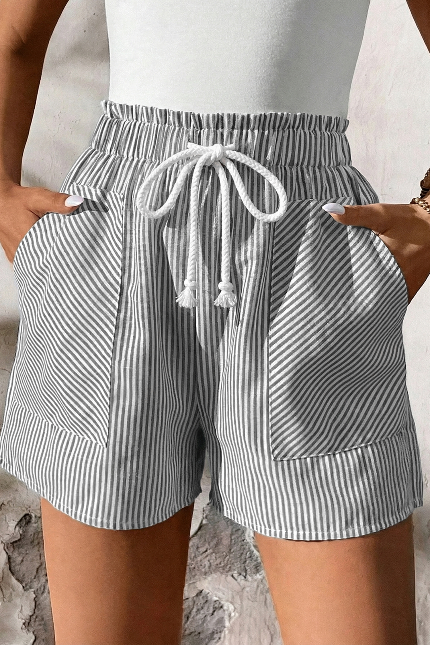 Women's Gray Striped Shorts – High Waist Casual Drawstring Summer Shorts with Pockets - Detail View 7 Women's Gray Striped Shorts – High Waist Casual Drawstring Summer Shorts with Pockets - Detail View 7
