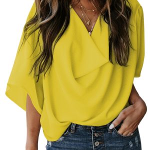 Women's Vanilla Yellow Draped Blouse – Modern V-Neck Top - Main View