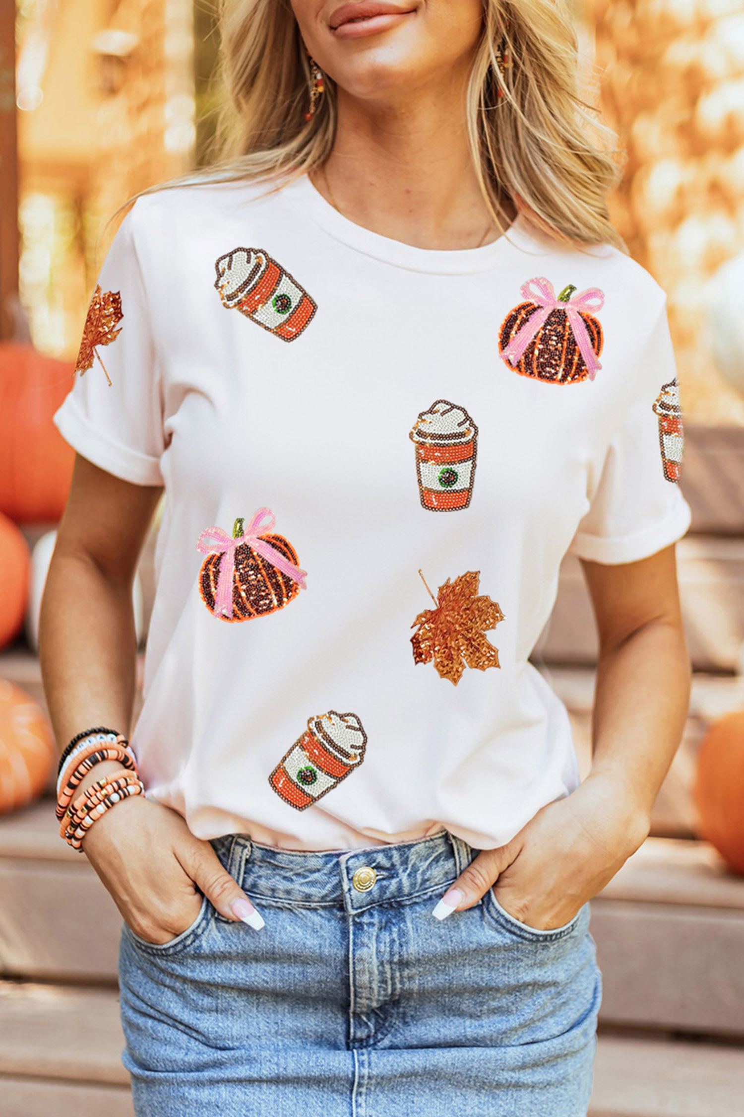 Casual Fall Graphic Shift Top, Women's Sequined Pumpkin Tee - Detail View 6 Casual Fall Graphic Shift Top, Women's Sequined Pumpkin Tee - Detail View 6