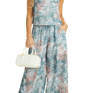 Women's Green Tropical Palm Print Cropped Tank & Wide Leg Pant Set – Ideal for Summer Vacations - Main View