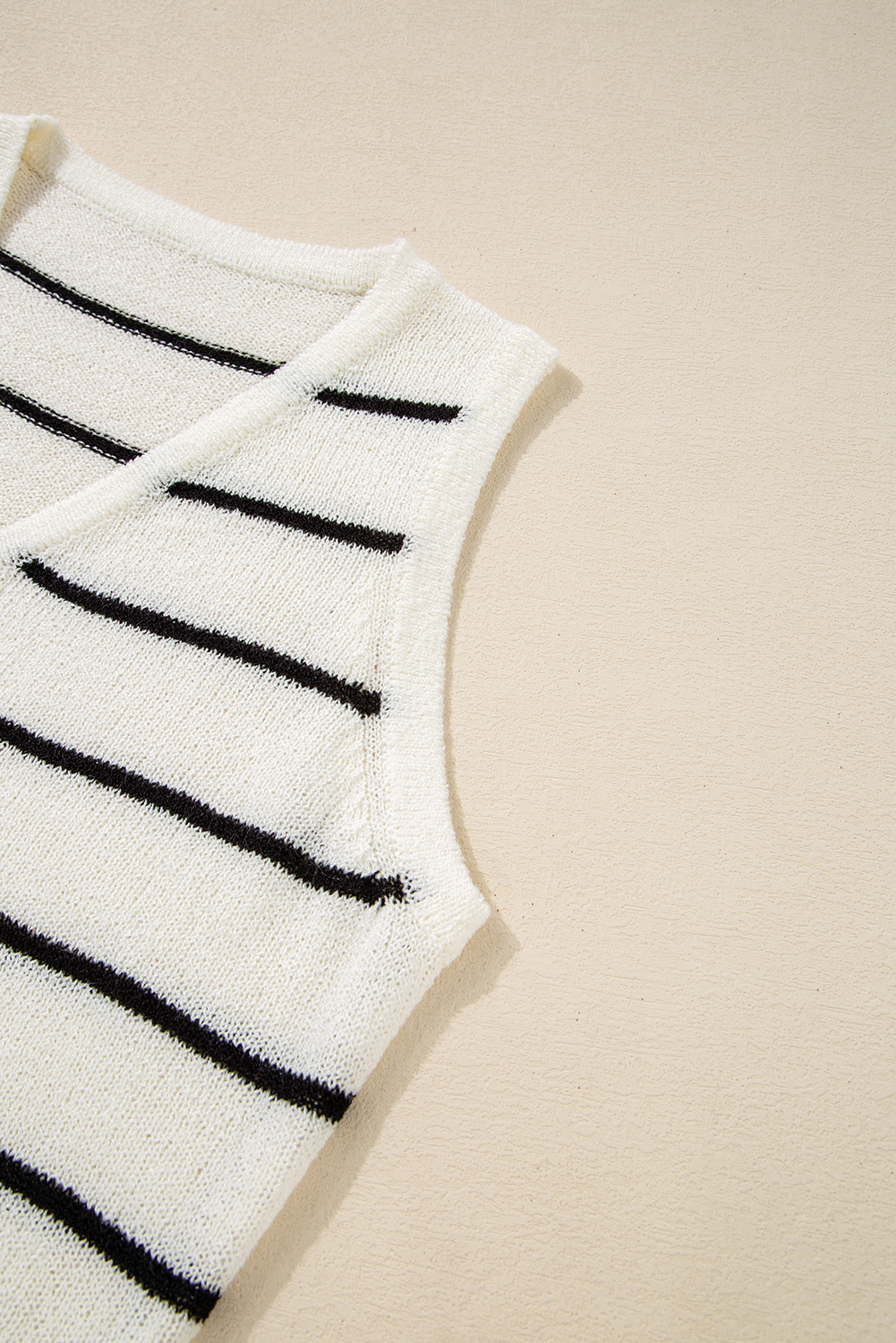 Stylish Casual Wear: Women's Black Stripe V Neck Sweater Vest with Rounded Hem - Detail View 11 Stylish Casual Wear: Women's Black Stripe V Neck Sweater Vest with Rounded Hem - Detail View 11