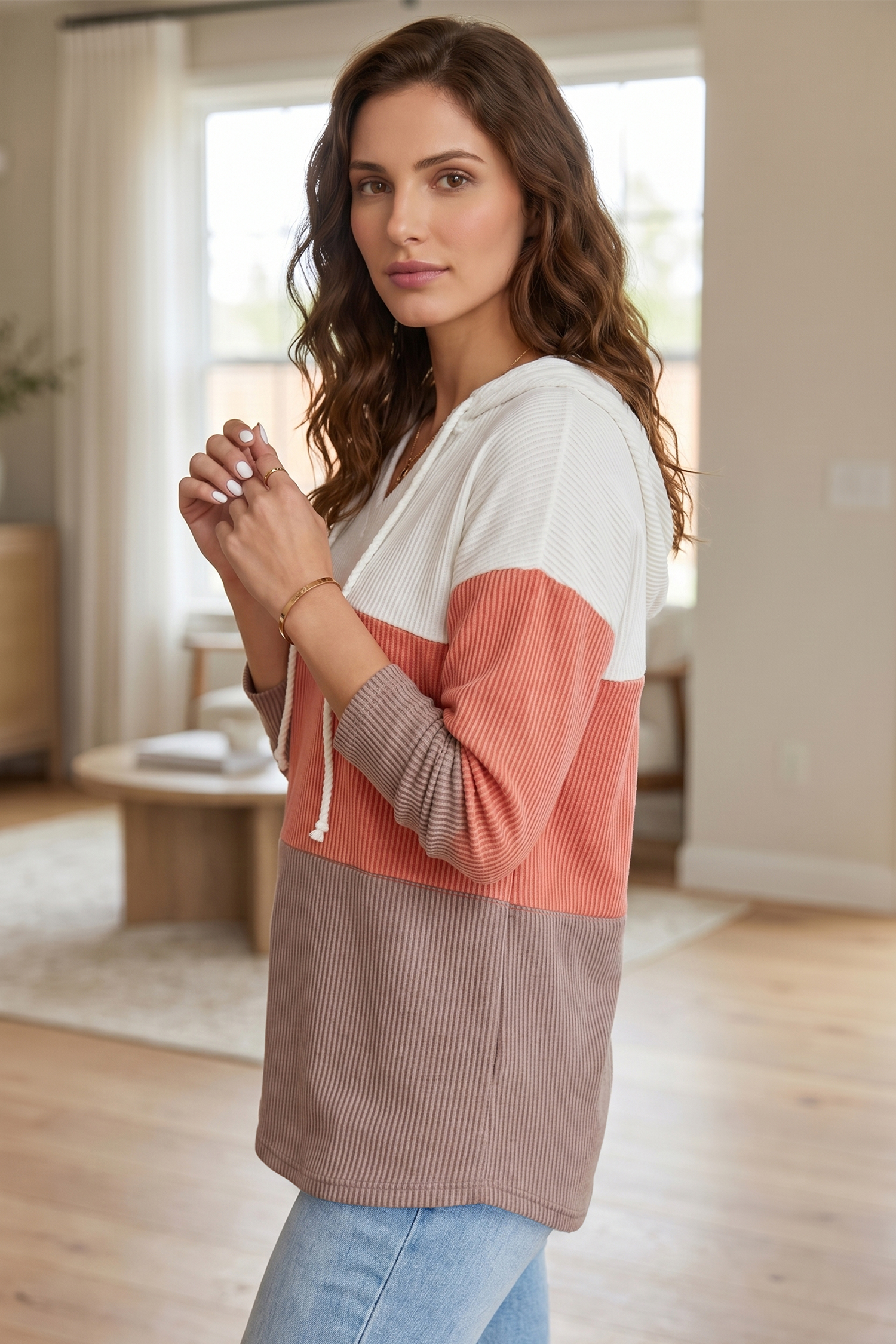 Colorblock Women's Hoodie, Trendy Long Sleeve Top - Detail View 2 Colorblock Women's Hoodie, Trendy Long Sleeve Top - Detail View 2