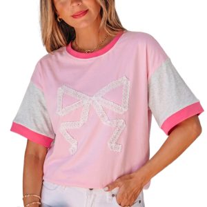 Gossamer Pink Color Block Tee for Women – Embroidered Bow Detail, Casual Round Neck Top - Main View