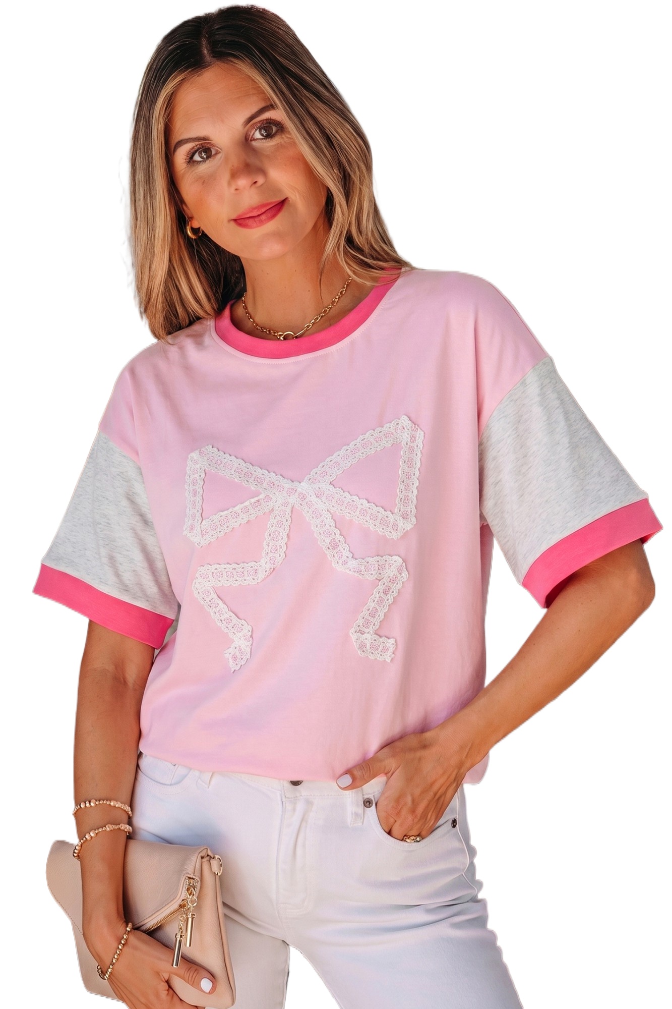 Gossamer Pink Color Block Tee for Women – Embroidered Bow Detail, Casual Round Neck Top - Main View Gossamer Pink Color Block Tee for Women – Embroidered Bow Detail, Casual Round Neck Top - Main View