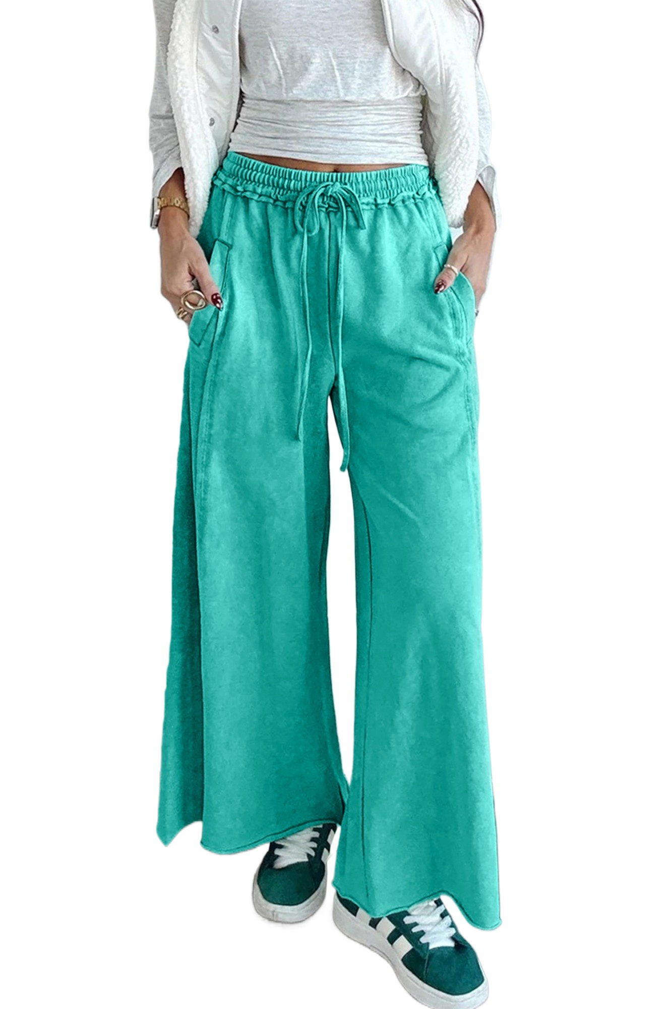Women's Sea Green Mineral Wash Loose Pants – Casual Wide Leg Style for Everyday Comfort - Main View Women's Sea Green Mineral Wash Loose Pants – Casual Wide Leg Style for Everyday Comfort - Main View