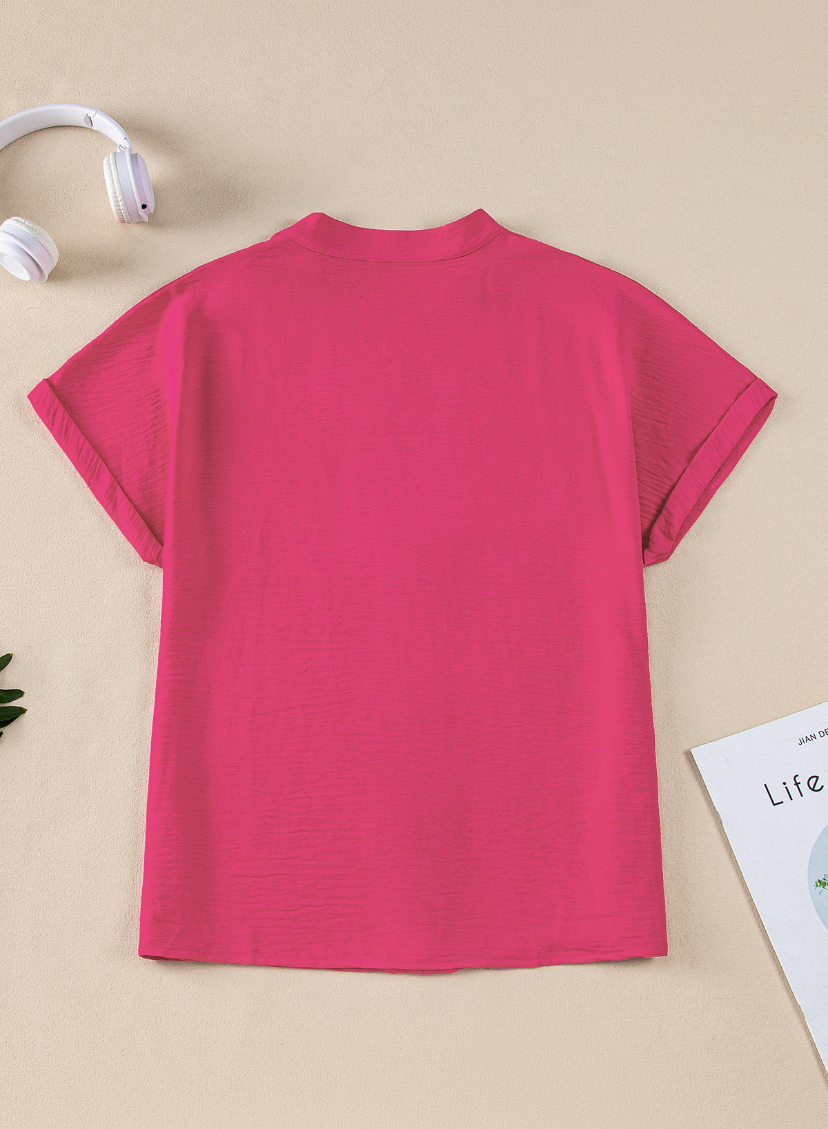Elegant Rose Red Notched Neck Batwing Sleeve Lightweight Blouse for Women - Detail View 9 Elegant Rose Red Notched Neck Batwing Sleeve Lightweight Blouse for Women - Detail View 9