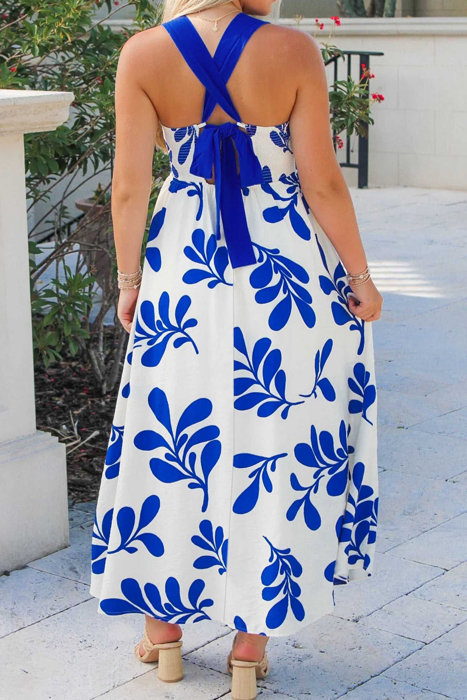 Elegant Blue Floral A-Line Dress with Crisscross Tie Back – Ideal for Vacation & Daily Wear - Detail View 2 Elegant Blue Floral A-Line Dress with Crisscross Tie Back – Ideal for Vacation & Daily Wear - Detail View 2