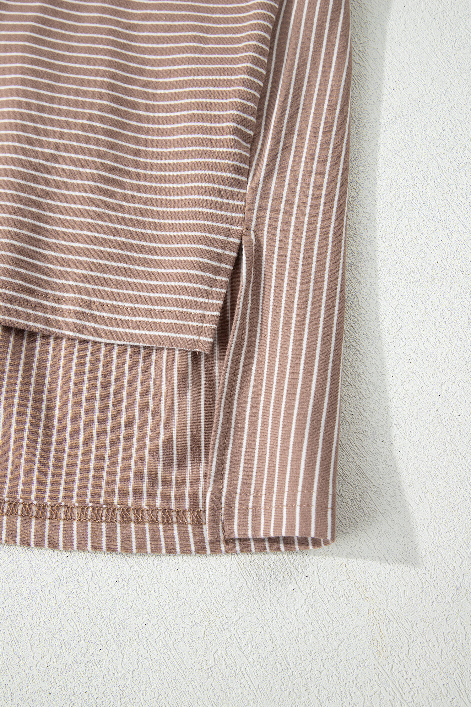 Chic Khaki Stripe Side Slit T-Shirt for Women – V Neck High Low Design, Ideal for Summer Outings - Detail View 11 Chic Khaki Stripe Side Slit T-Shirt for Women – V Neck High Low Design, Ideal for Summer Outings - Detail View 11