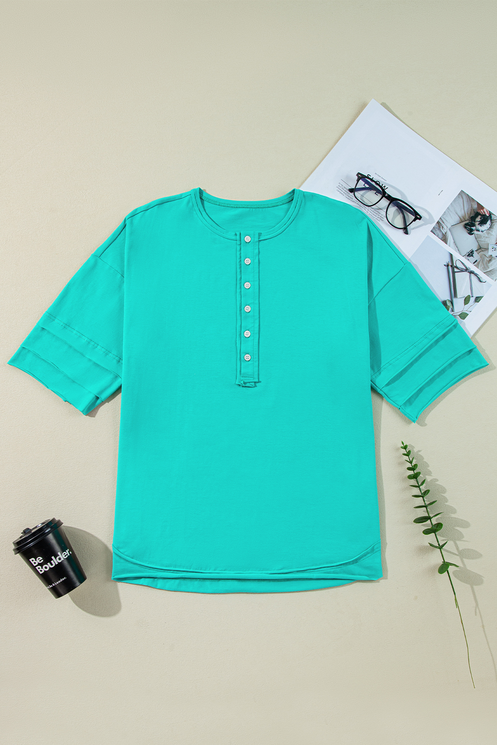 Women's Mint Green Solid Color Half Sleeve Button Henley Top - Detail View 13 Women's Mint Green Solid Color Half Sleeve Button Henley Top - Detail View 13