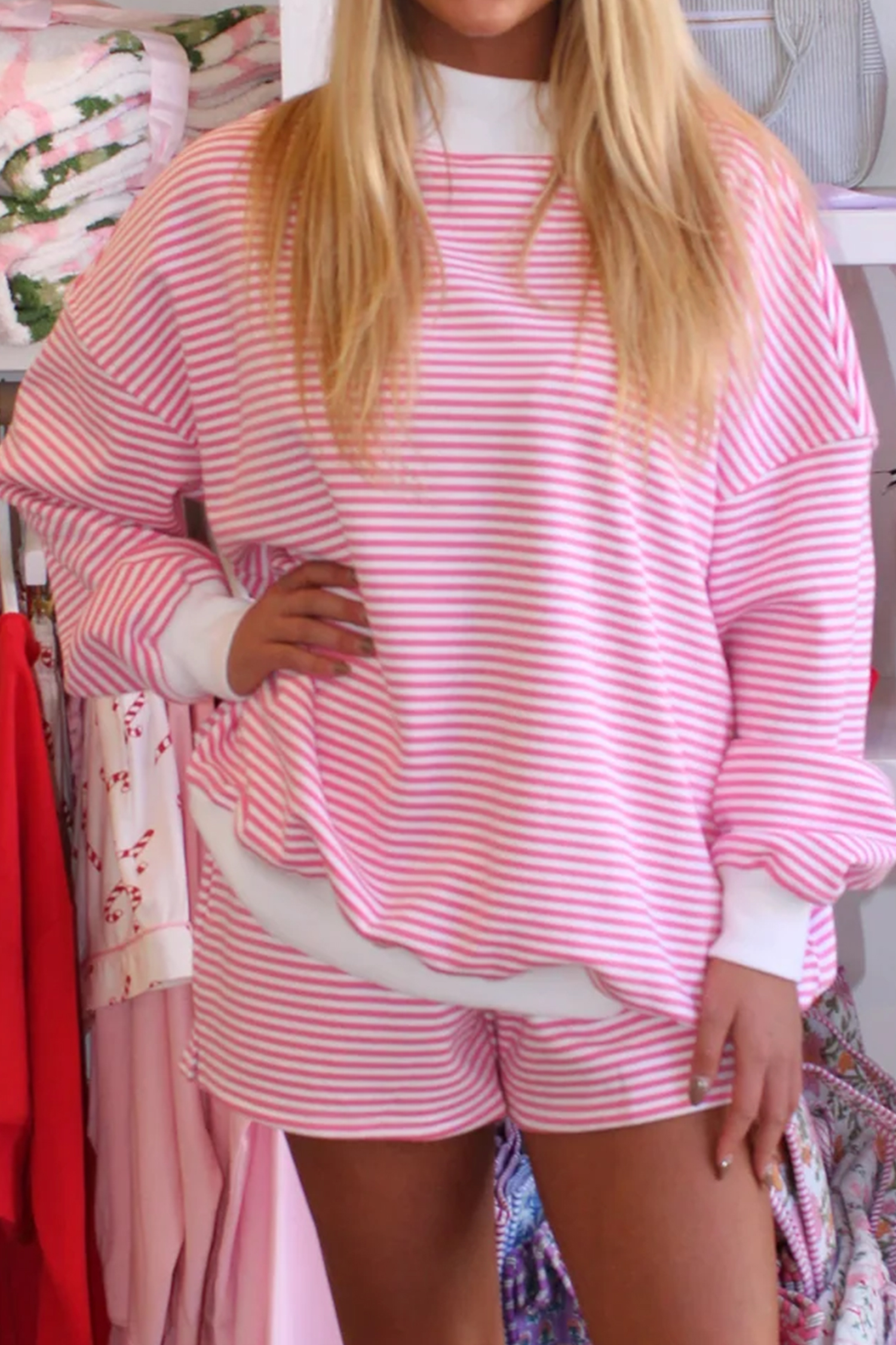 Chic Pink Stripe Oversize Mock Neck Set for Women – Effortless Daily Style - Detail View 5 Chic Pink Stripe Oversize Mock Neck Set for Women – Effortless Daily Style - Detail View 5