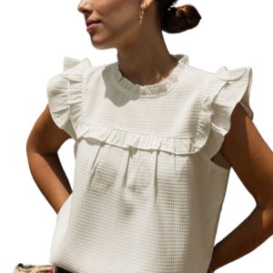 Women's White Solid Color Ruffle Trim Waffle Knit Blouse - Cozy & Sophisticated - Main View